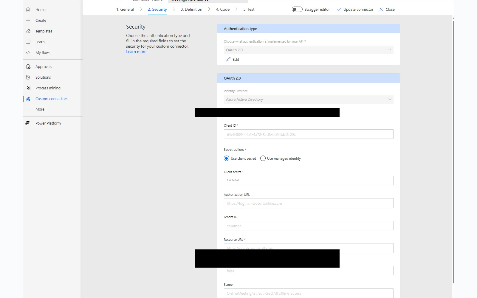 Connector security tab showing OAuth 2.0 configuration